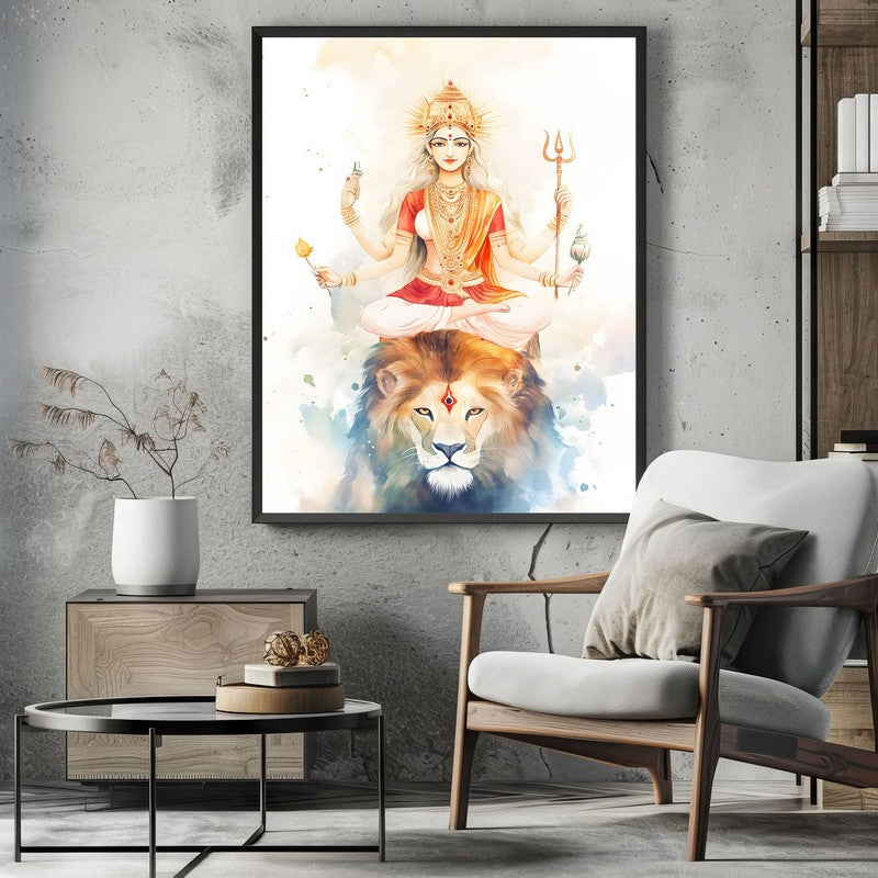 Mahishasura Mardhini Spiritual Archival Paper Wall Painting With Frame - Black media 3