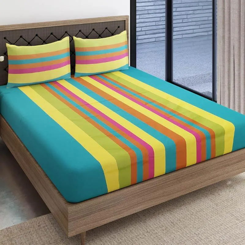 Swayam Stripey Vibrant Cotton Cotton Bedsheet (Teal) - 180 TC media 1