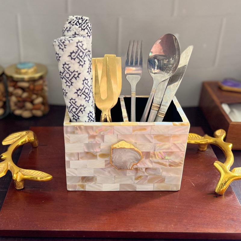 Suzzaine Handcrafted Mother Of Pearl & Agate Cutlery Holder - White & Beige media 3