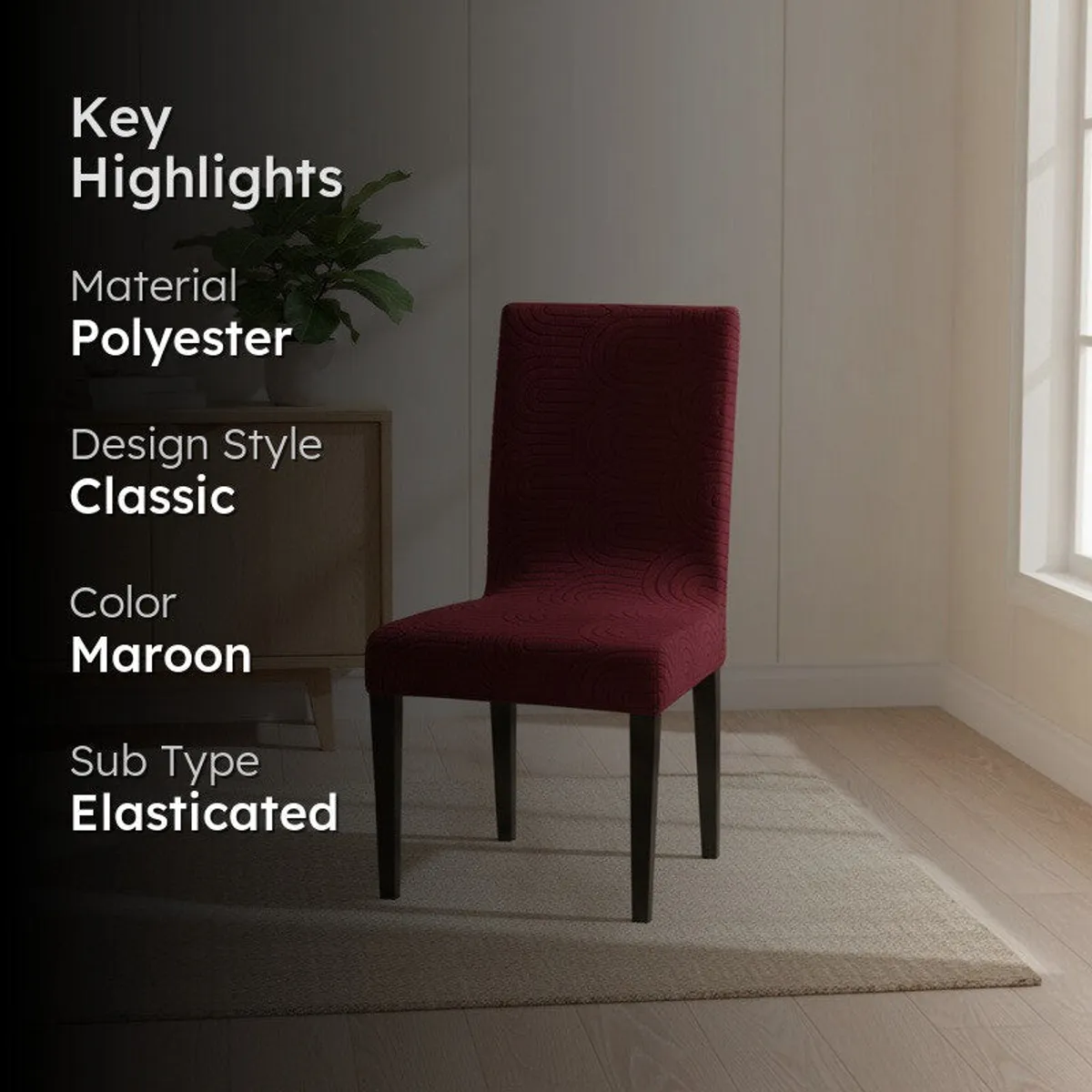 Maroon chair cover displayed in a neutral dining room setting