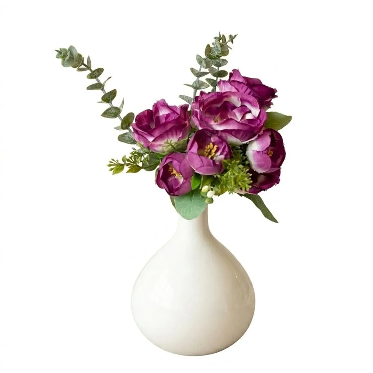 Cutout of the white vase with purple flowers on a white background
