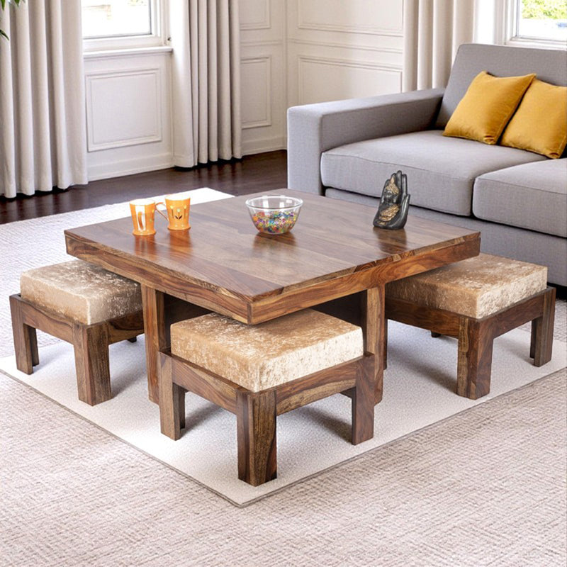 Evrino Sheesham Wooden Center Table with Stools and Cushions (Brown,Grey) - Nine Piece Set