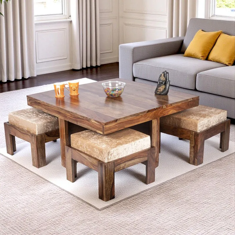 Evrino Sheesham Wooden Center Table with Stools and Cushions (Brown,Grey) - Nine Piece Set media 1