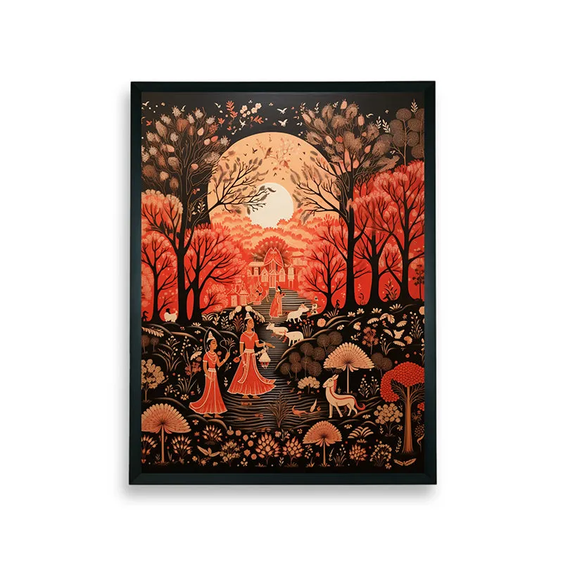 Front view of the framed Mystic Fire Forest wall art against a plain wall