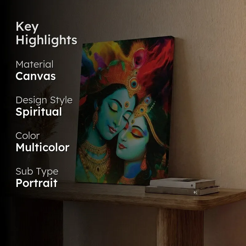 Radha Krishna canvas wall painting with vivid spiritual portrait artwork