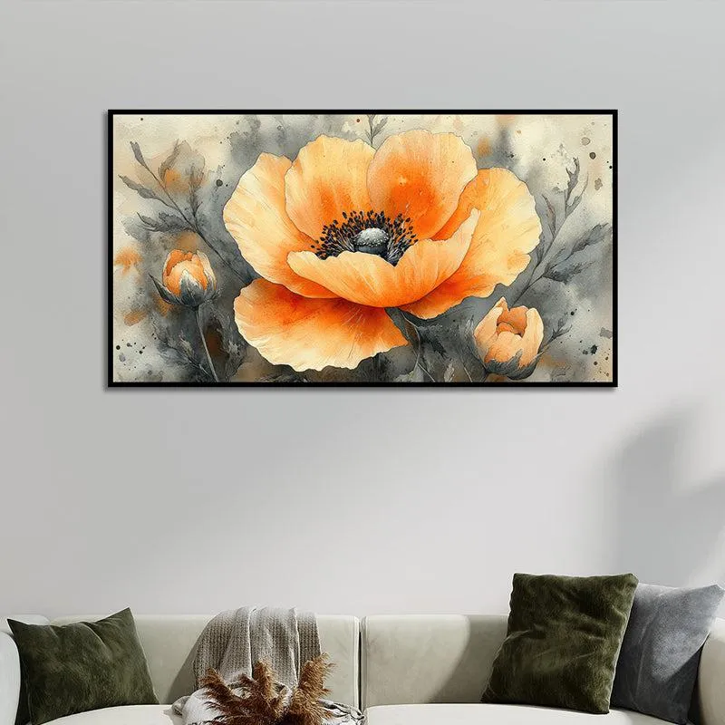 Autumnal Poppies Floral Canvas Wall Painting With Frame - Black media 1