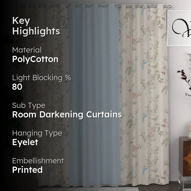 Feature view of Beige floral room darkening curtains with eyelet hanging
