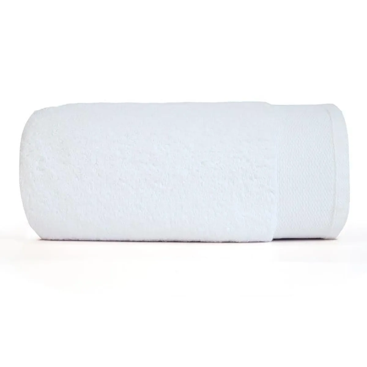 Rolled white bath towel shown from the side on a clean white background