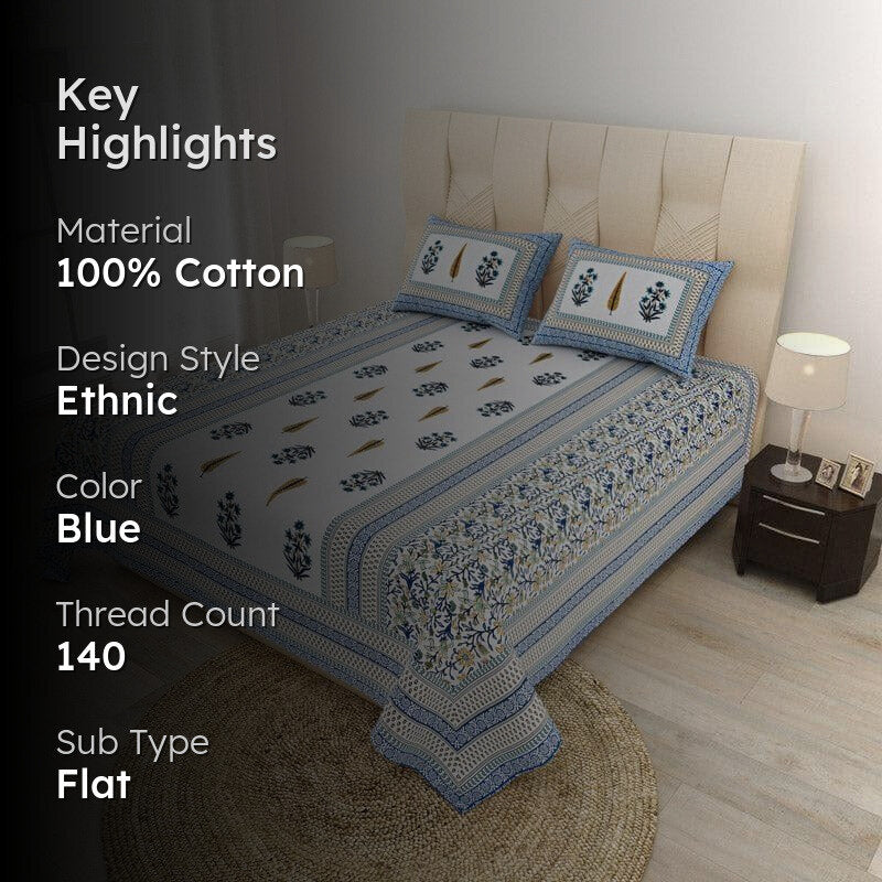 Amrutha Ethnic Printed Cotton Bedsheet (Blue) - 140 TC media 2