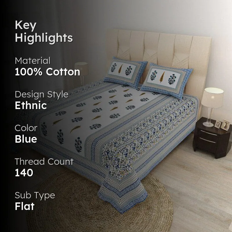 Amrutha Ethnic Printed Cotton Bedsheet (Blue) - 140 TC media 2
