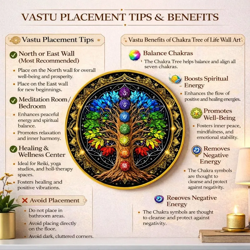 Informational poster layout with chakra tree wall art at the centre and surrounding design panels