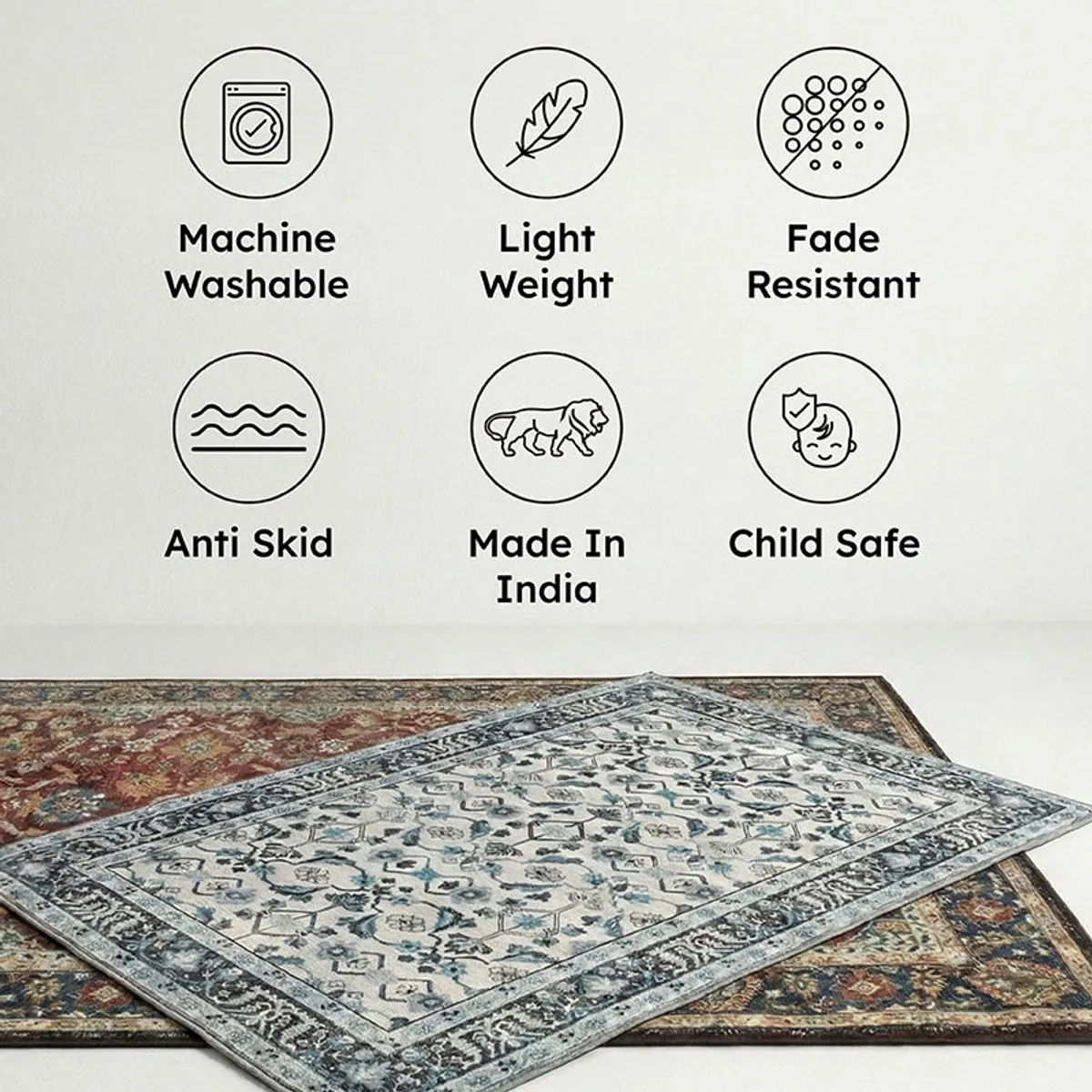 Two patterned rugs displayed with feature icons above