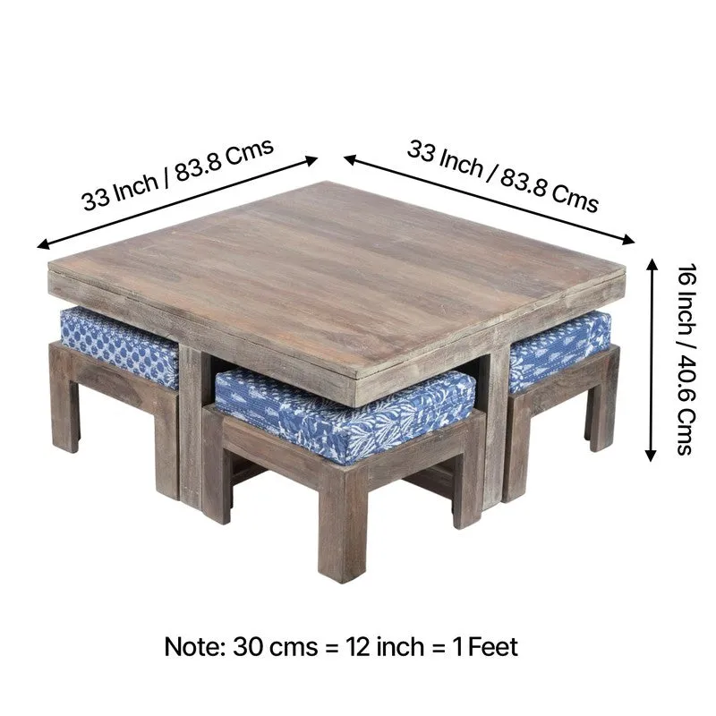 Exiron Sheesham Wooden Center Table with Stools and Cushions (Grey,Blue) - Nine Piece Set media 10