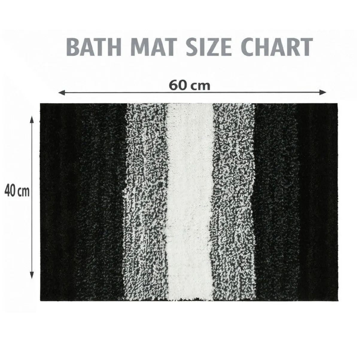 Black and white striped bath mat shown in a rectangular size chart