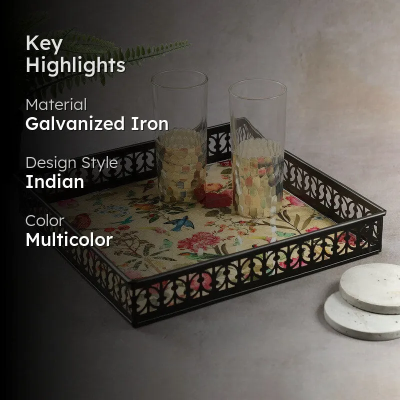 India Circus Floral Multicolor Square Galvanized Iron Serving Tray media 2