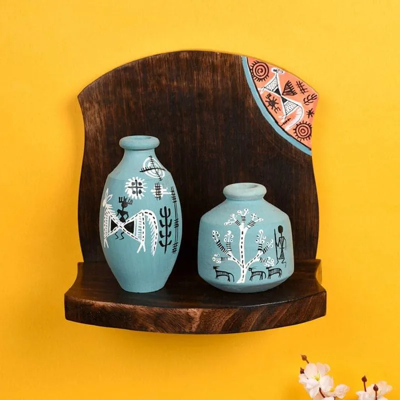 Ghame Warli Wooden Wall Shelf With Pots - Three Piece Set media 1