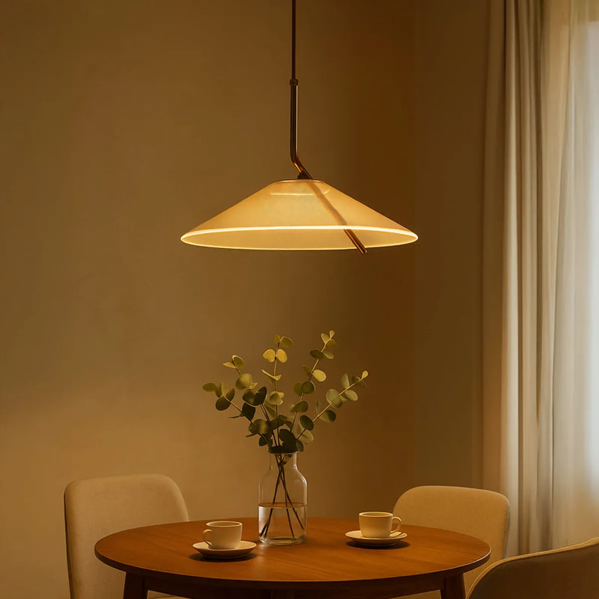 Warm-lit conical ceiling lamp above a round wooden table with cups and a glass vase