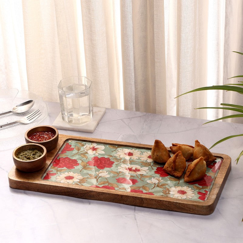 FloriNest Mango Wood Platter With Dip Bowl - Three Piece Set