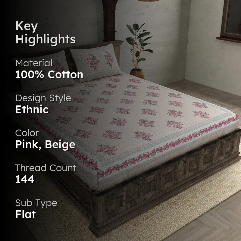 Ahana Floral Printed Cotton Bedsheet (Pink) - 144 TC media 2