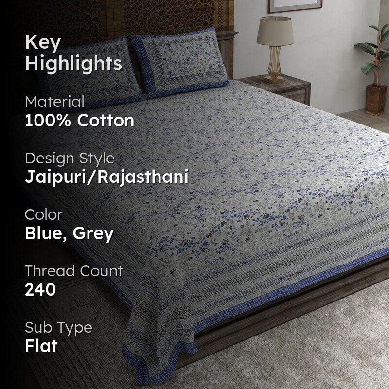Aurava Cotton Bedsheet (Blue,Grey) - 240 TC media 2