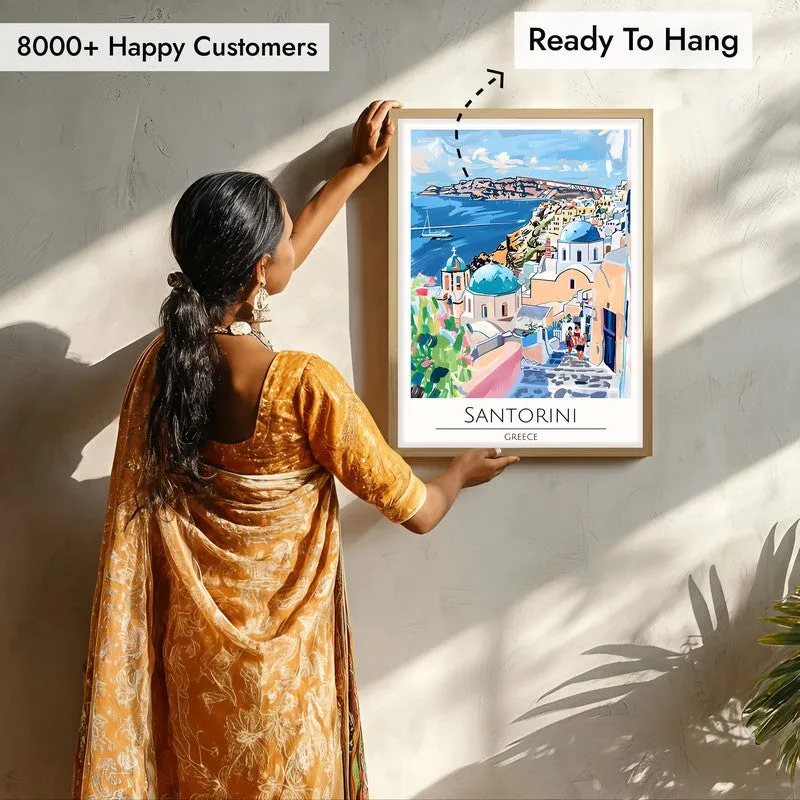 Vintage Santorini Framed Canvas Archival Canvas Wall Painting - Natural Brown Frame media 7
