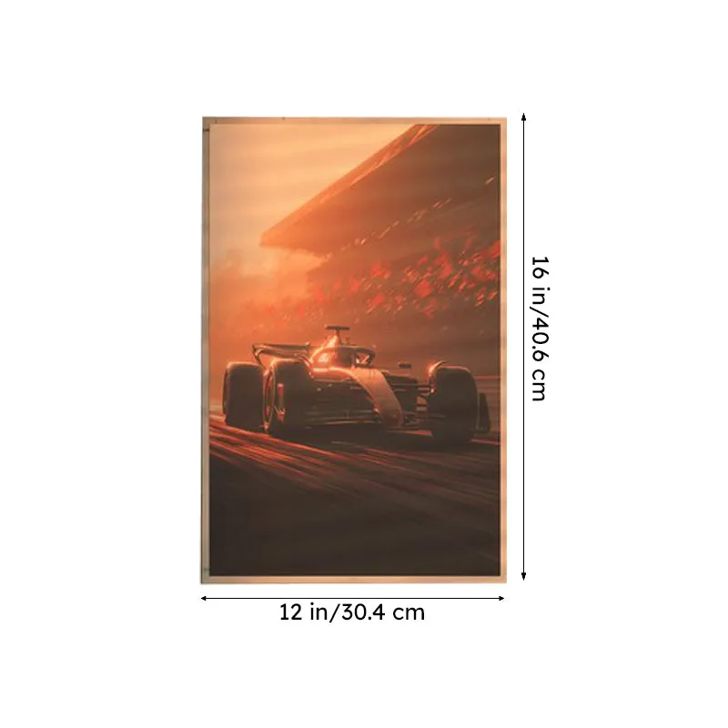 Single racing car poster with a warm-toned track scene