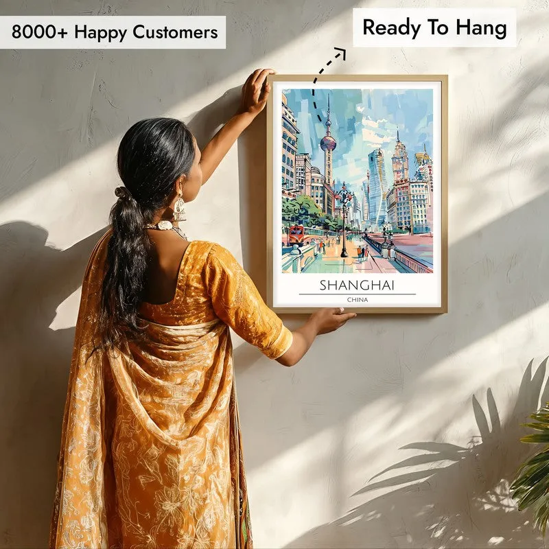 Vintage Shanghai Framed Canvas Archival Canvas Wall Painting - Natural Brown Frame media 7