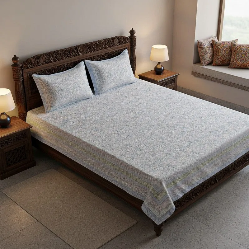 Saagara Floral Cotton Bedsheet (Light Blue) - 144 TC media 1