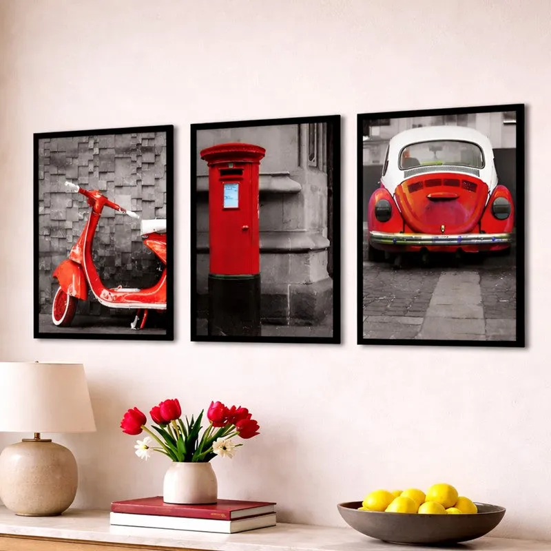 Crimson City Paper Wall Painting With MDF Frame (Black) - Set Of Three media 3