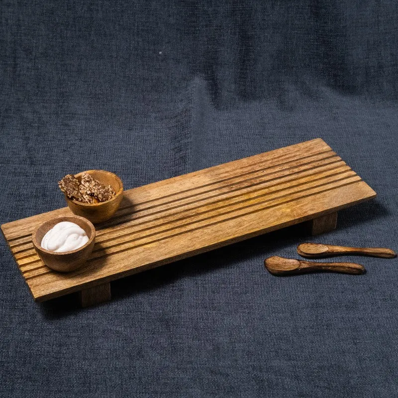Linear Wood Serving Platter with Dual Dip Bowls - Three Piece Set media 4