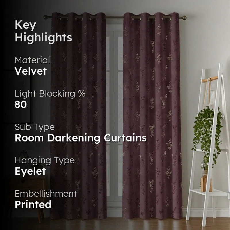 Gilded Touch Printed Velvet Curtain (Purple,Gold) - Set Of Two media 2