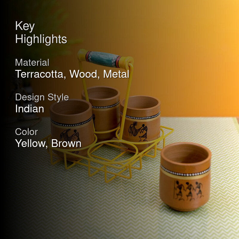 Umika Terracotta,Wood,Metal Tea Cup (175 mL Each) -  Five Piece Set media 2