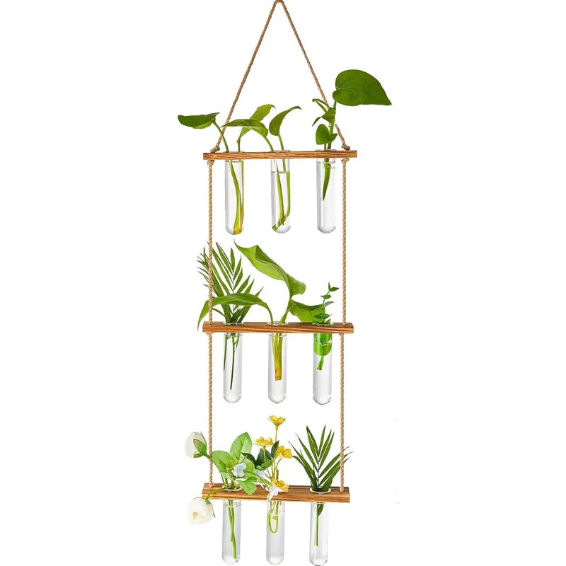 Vertical hanging planter with three wooden shelves and clear glass tubes