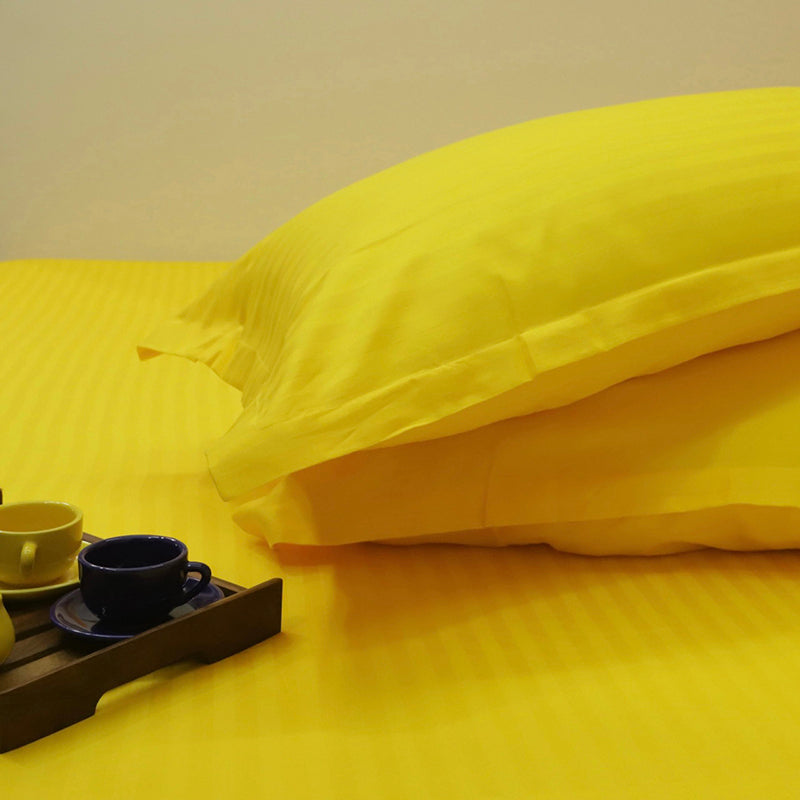Le Coton Striped Solid Cotton Bedsheet (Yellow) - 250 TC media 4