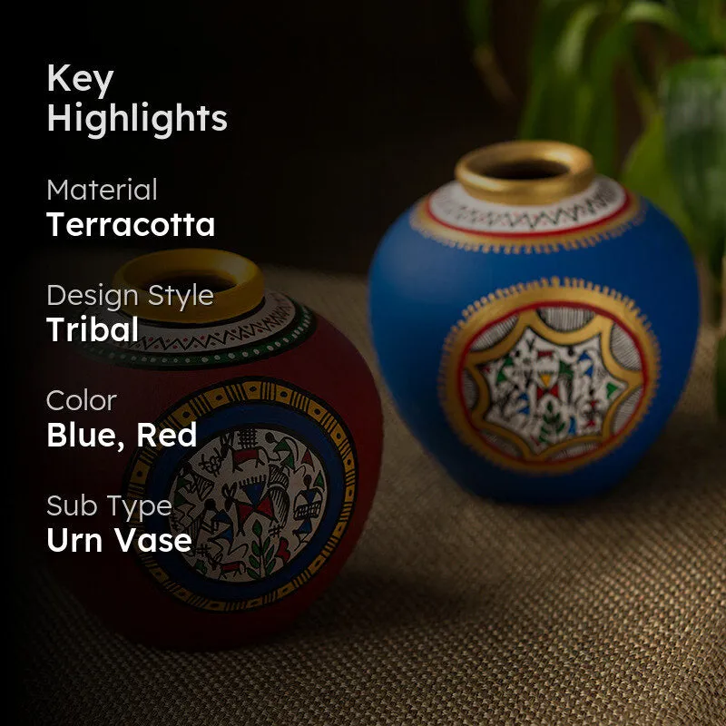 Kapiva Warli Handpainted Terracotta Vase (Blue & Red) - Set Of Two media 2