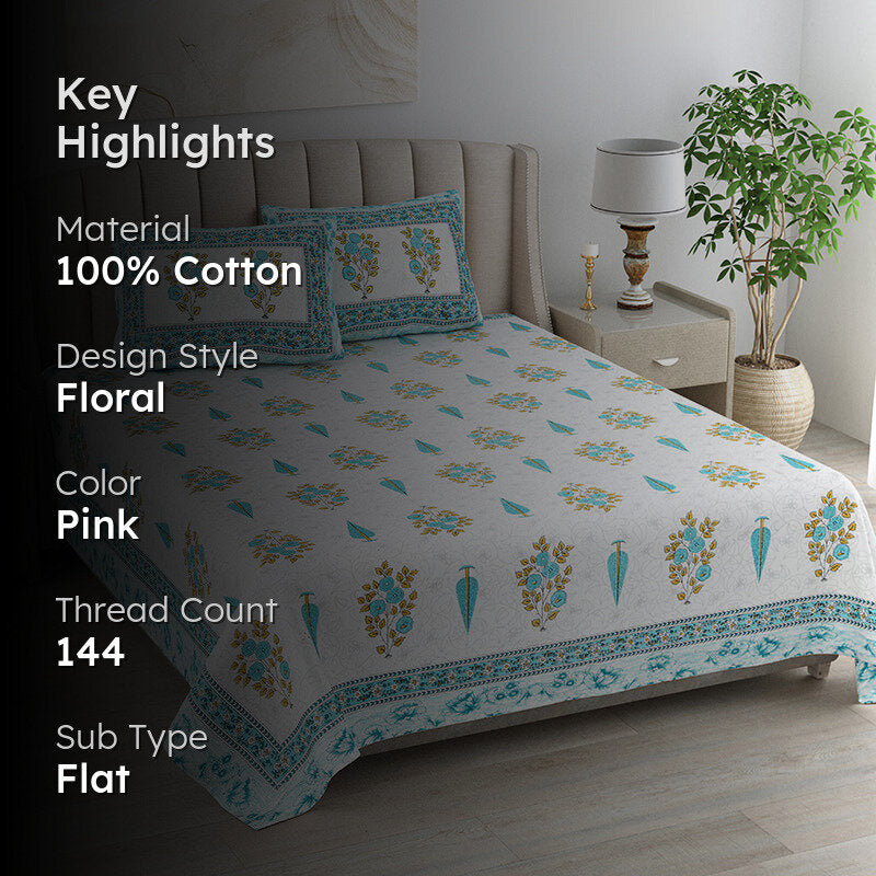 Floral Garden Cotton Bedsheet (Blue) - 144 TC media 2
