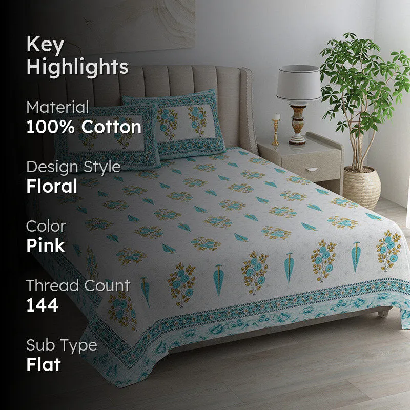 Floral Garden Cotton Bedsheet (Blue) - 144 TC media 2