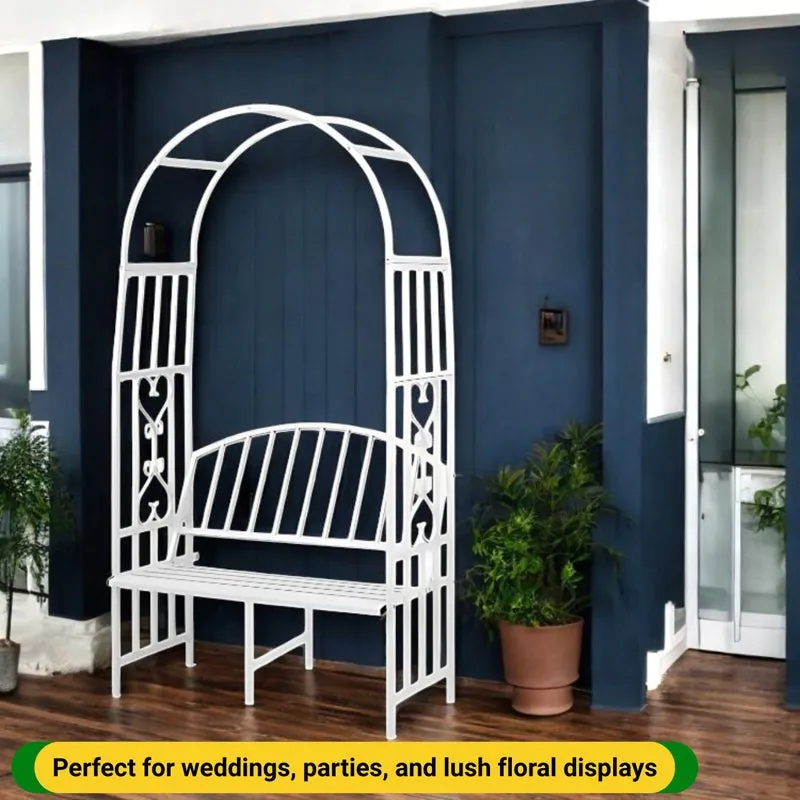 Arch Arbor Metal Outdoor Bench With Planter Stand - White media 4