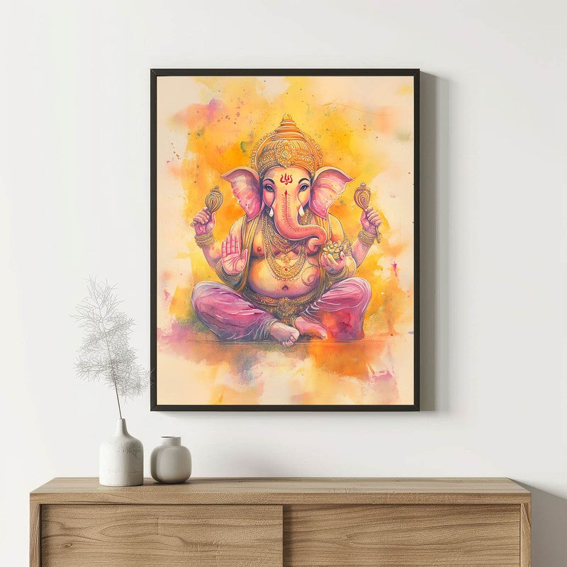 Divine Vakratunda Spiritual Archival Paper Wall Painting With Frame - Black