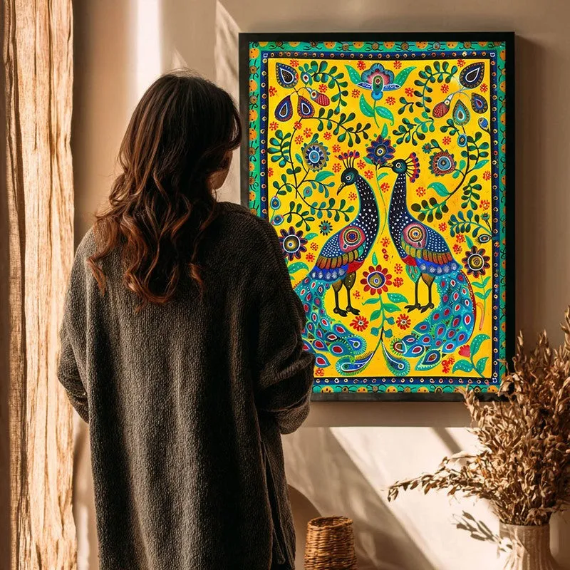 Colorful Peacock Folk Art Canvas Wall Painting With Black Frame media 8