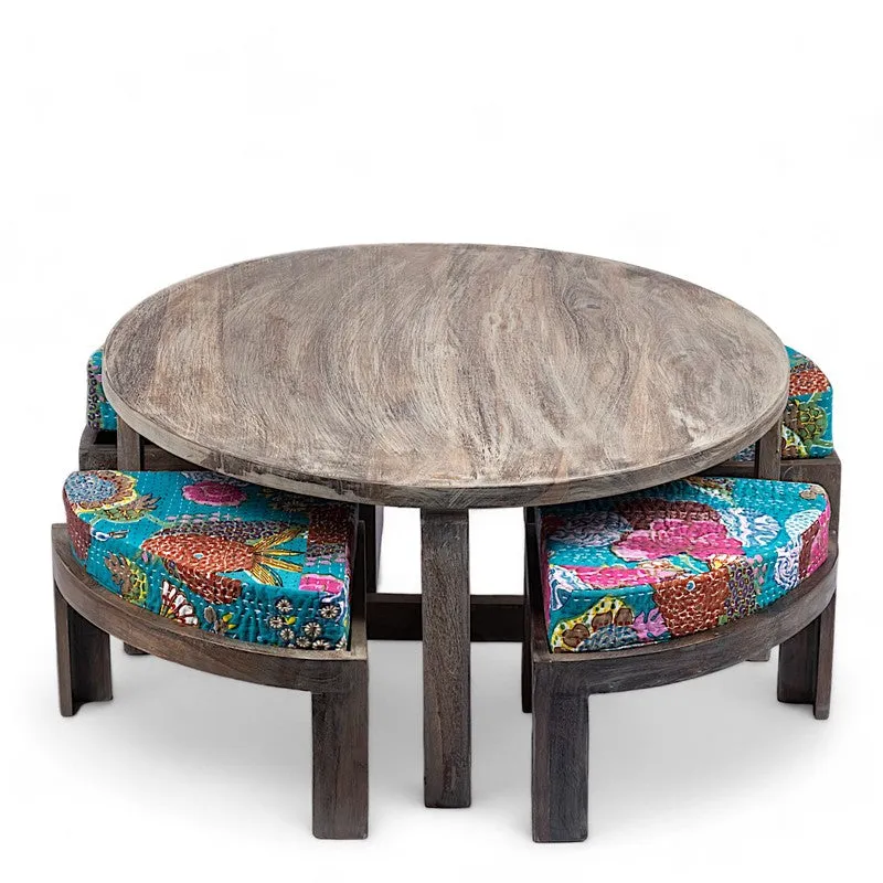Jervon Sheesham Wooden Center Table with Stools and Cushions (Grey,Green) - Nine Piece Set media 7
