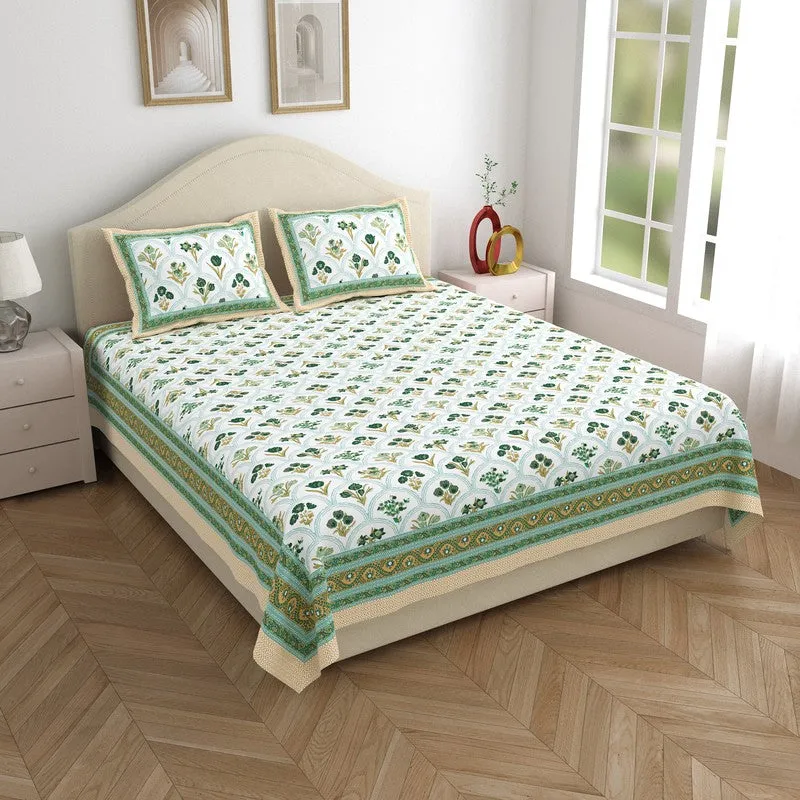 Heritage Touch Cotton Bedsheet (White,Green) - 120 TC media 1