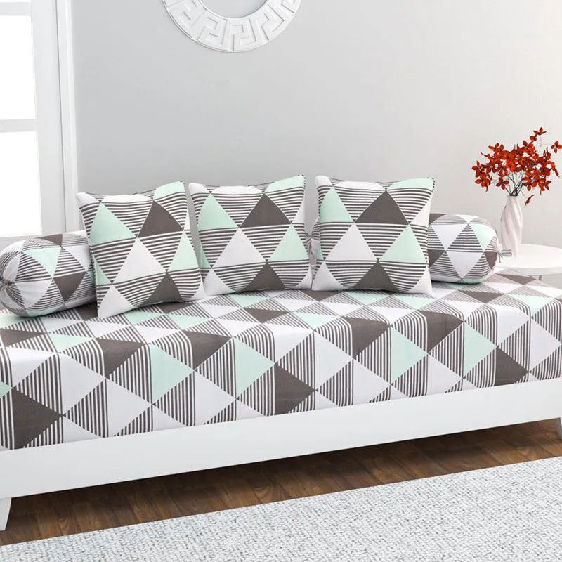 Euclidean Elite Geometric Cotton Diwan Set - Grey & Green media 1