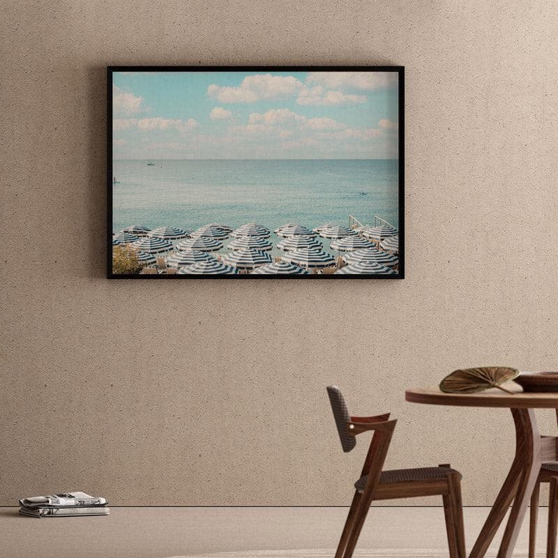 French Riviera Beach Umbrellas Canvas Wall Painting - Black Frame