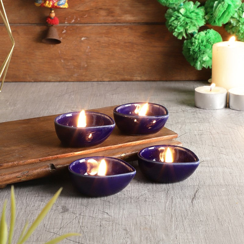 Earthen Festive Diya Set (Blue) - Set Of Four