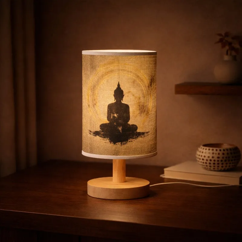 Meditating Buddha Jute & Wooden Table Lamp - Beige media 4