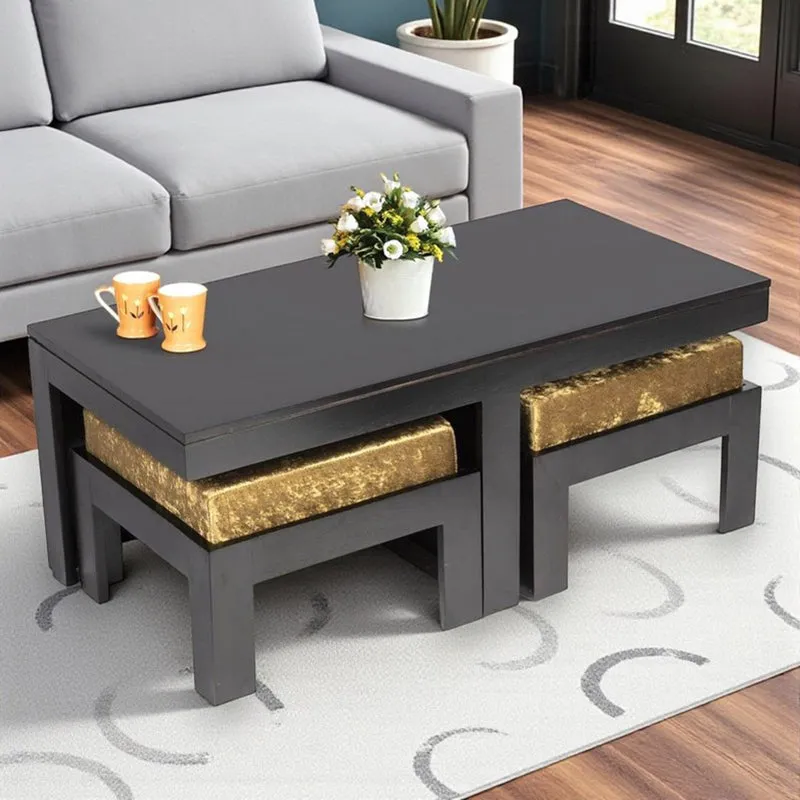 Drexon Sheesham Wooden Center Table with Stools (Black,Gold) - Five Piece Set media 1