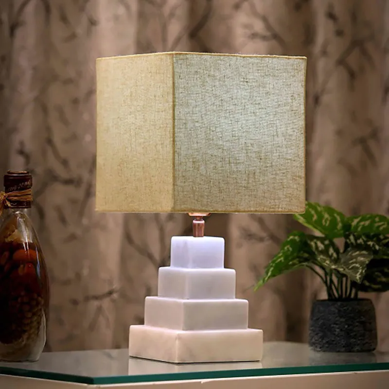 Pyramid Hand Crafted Marble Fabric Table Lamp - Beige,White media 3