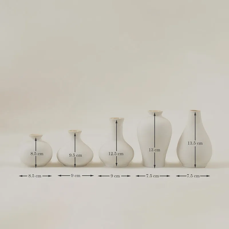 Five white vases arranged in a row against a plain light background