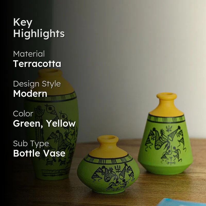 Warli Tales Vases - Set of Three (Green,Yelow) media 2